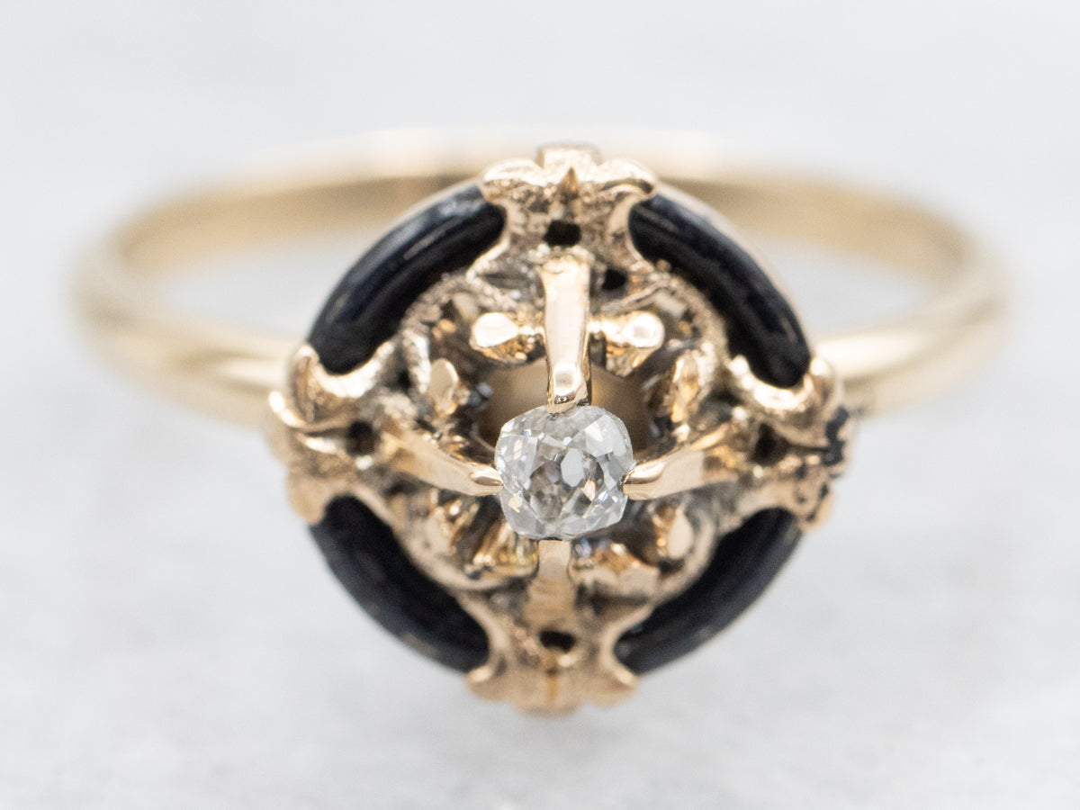 Black Enamel Old Mine Cut Diamond Antique Solitaire Ring