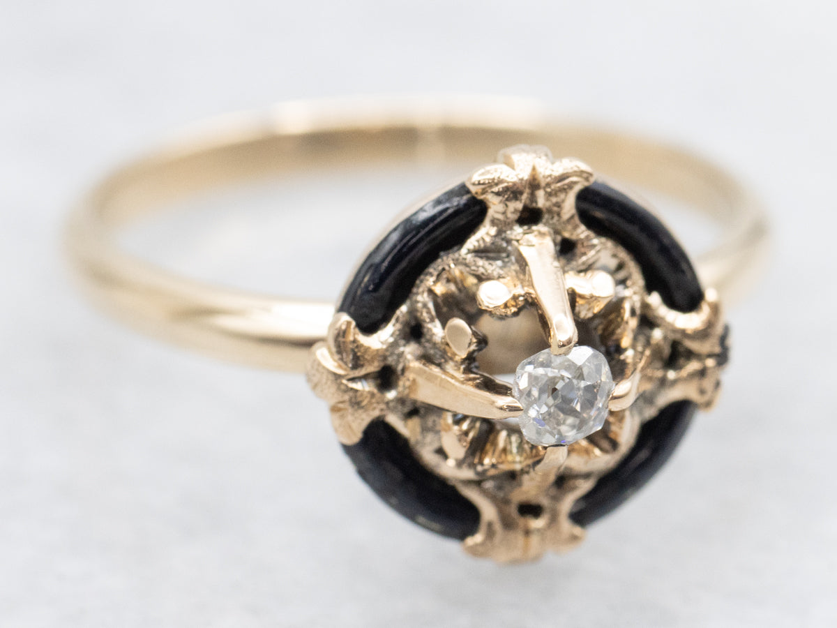 Black Enamel Old Mine Cut Diamond Antique Solitaire Ring