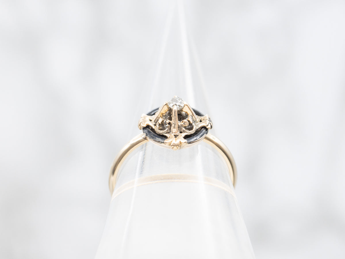 Black Enamel Old Mine Cut Diamond Antique Solitaire Ring