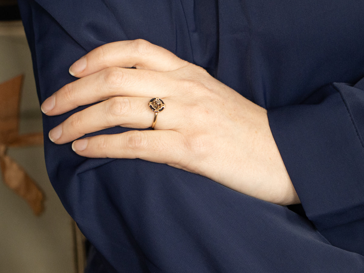 Black Enamel Old Mine Cut Diamond Antique Solitaire Ring