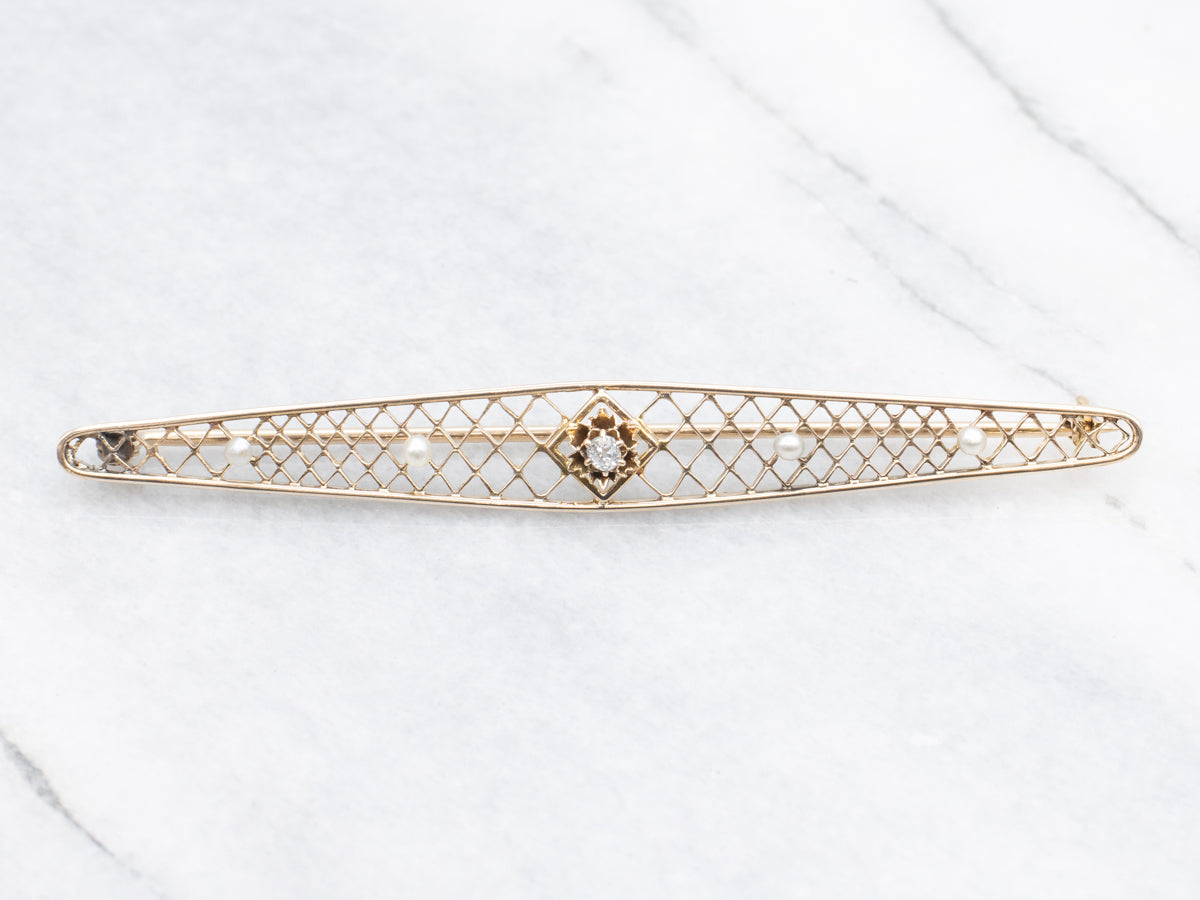 Antique Floral Old Mine Cut Diamond and Seed Pearl Filigree Bar Pin