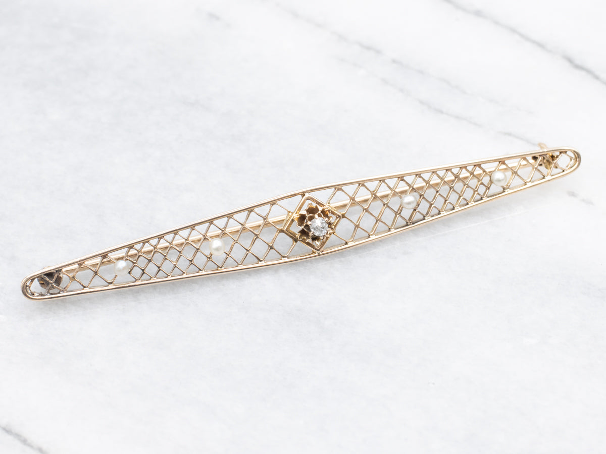 Antique Floral Old Mine Cut Diamond and Seed Pearl Filigree Bar Pin
