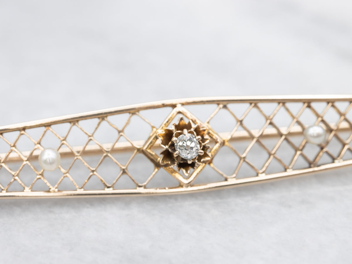 Antique Floral Old Mine Cut Diamond and Seed Pearl Filigree Bar Pin