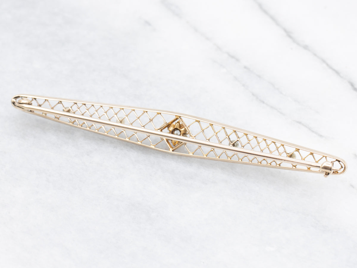 Antique Floral Old Mine Cut Diamond and Seed Pearl Filigree Bar Pin