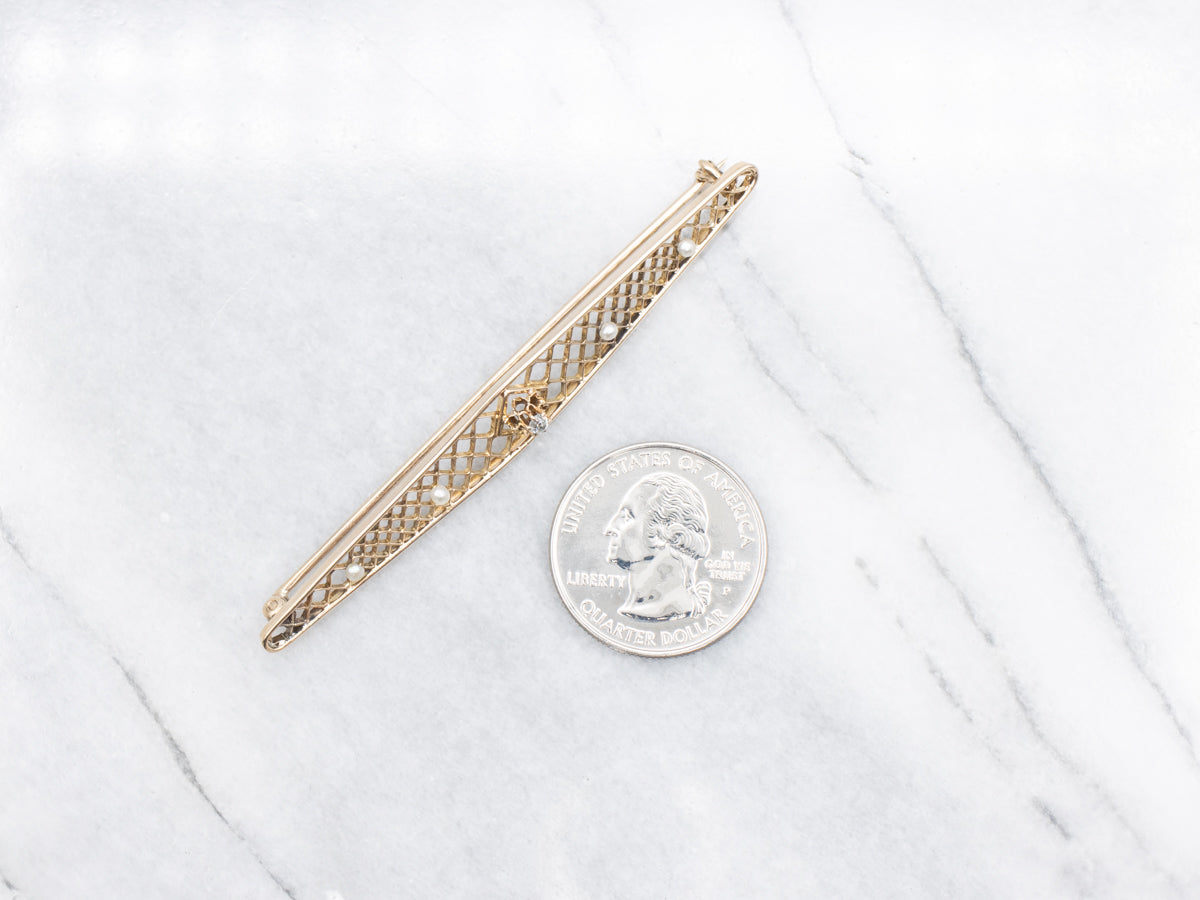 Antique Floral Old Mine Cut Diamond and Seed Pearl Filigree Bar Pin