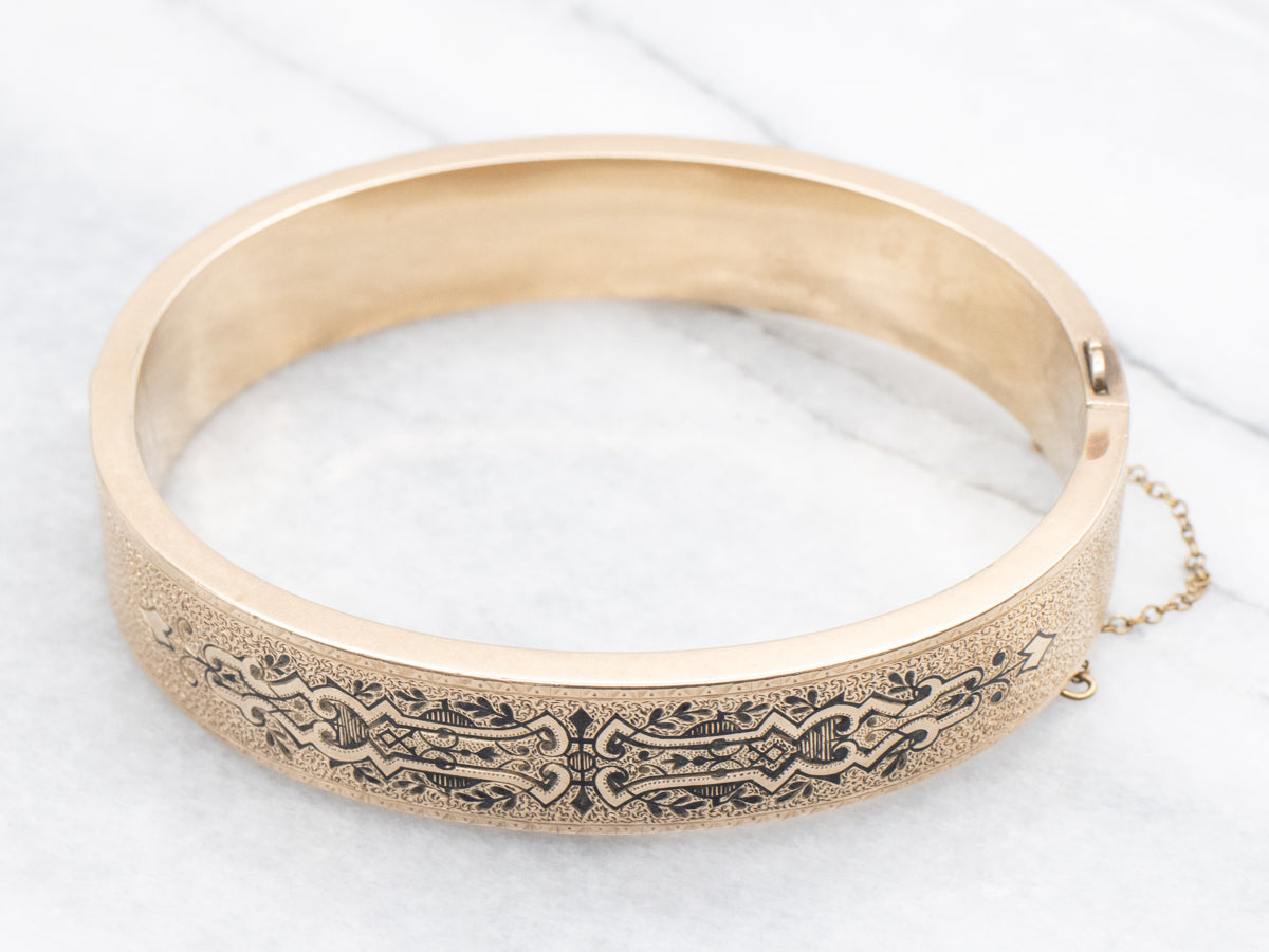 Victorian Era Black Enamel and Gold Bangle Bracelet