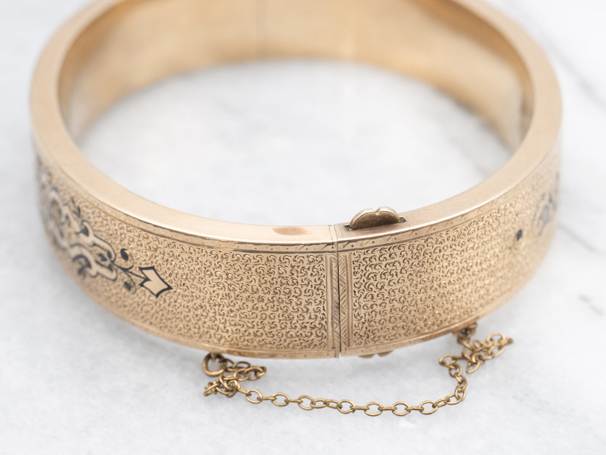 Victorian Era Black Enamel and Gold Bangle Bracelet
