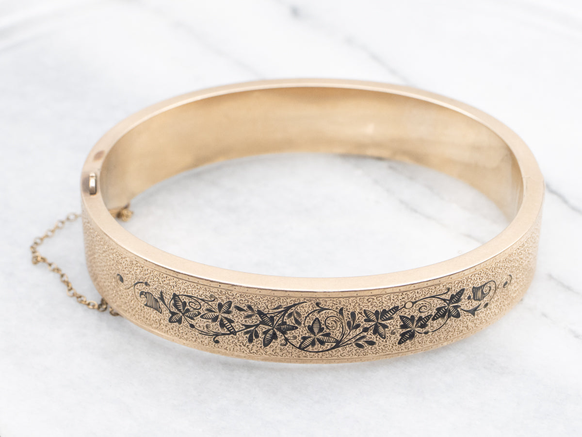 Victorian Era Black Enamel and Gold Bangle Bracelet
