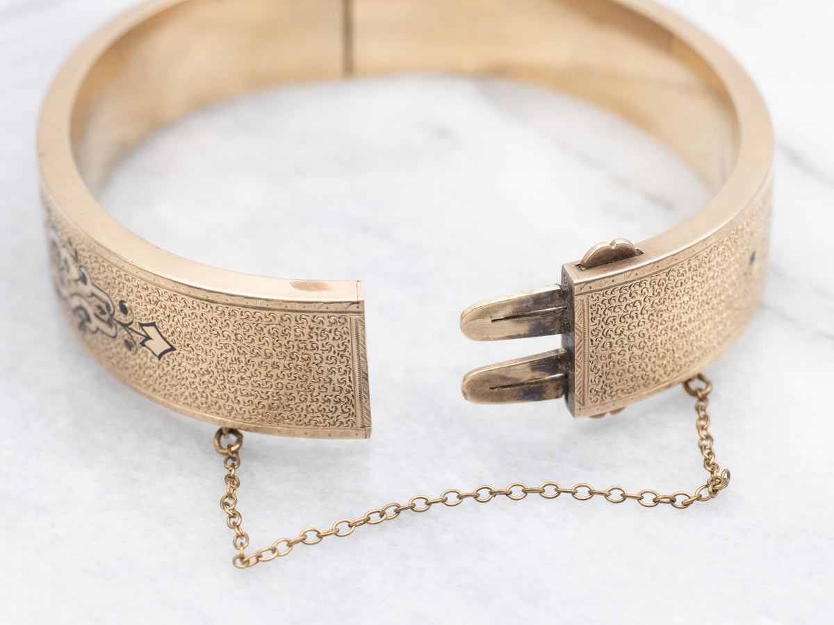 Victorian Era Black Enamel and Gold Bangle Bracelet