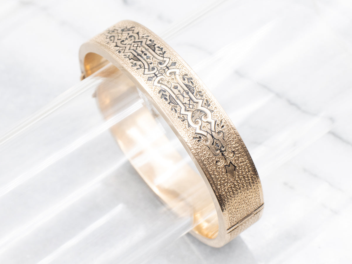 Victorian Era Black Enamel and Gold Bangle Bracelet