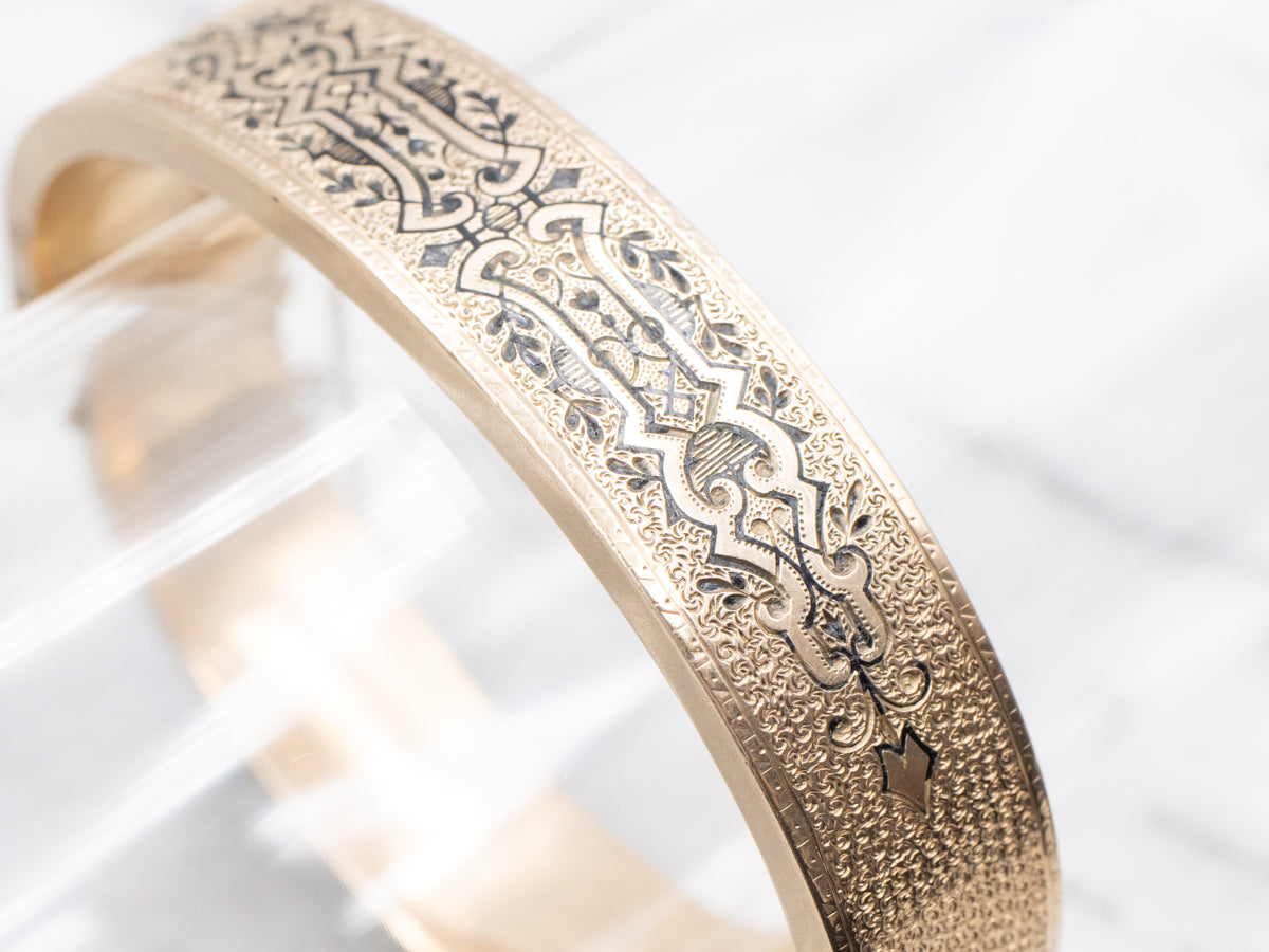 Victorian Era Black Enamel and Gold Bangle Bracelet