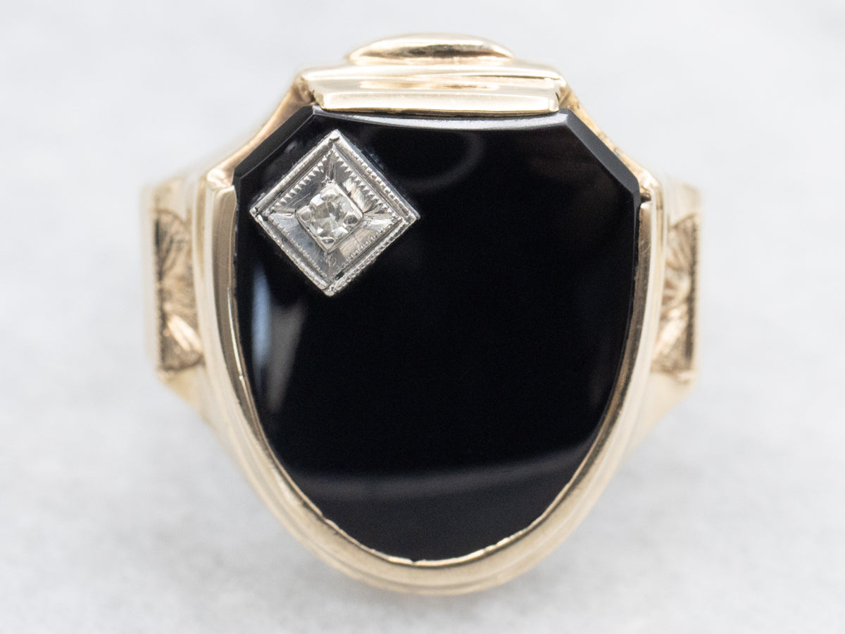 Mid-Century Black Onyx and Diamond Unisex Shield Ring
