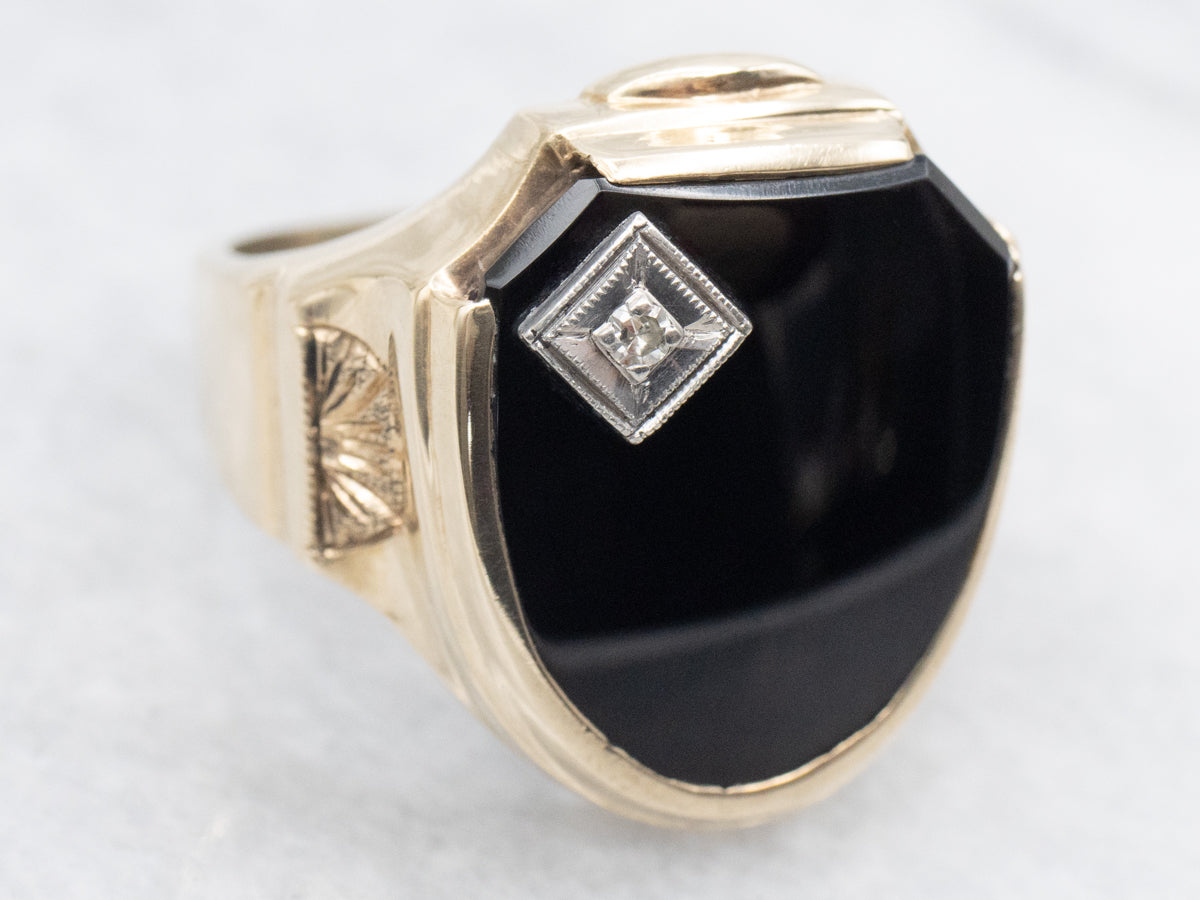 Mid-Century Black Onyx and Diamond Unisex Shield Ring
