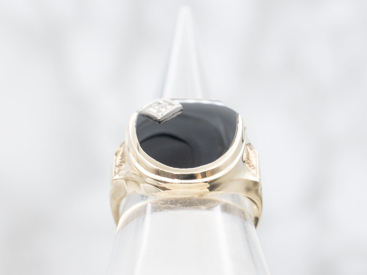 Mid-Century Black Onyx and Diamond Unisex Shield Ring