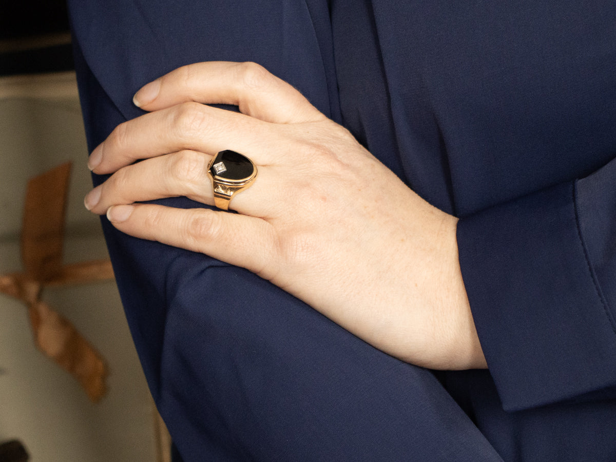 Mid-Century Black Onyx and Diamond Unisex Shield Ring