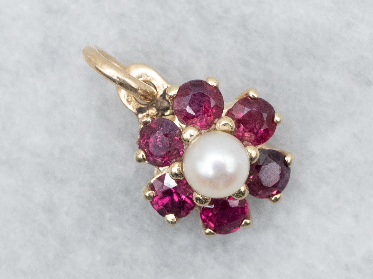 Gold Pearl and Ruby Floral Halo Pendant