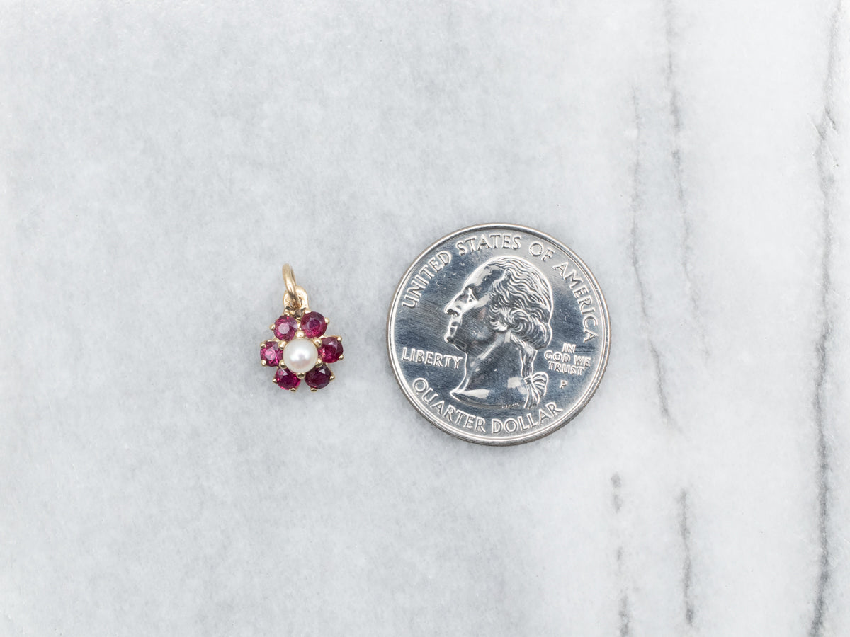 Gold Pearl and Ruby Floral Halo Pendant