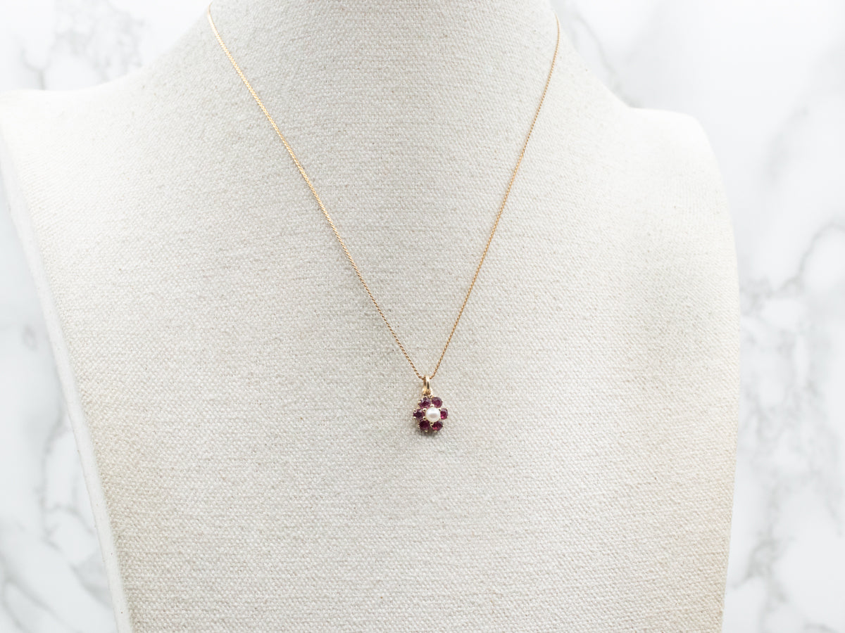 Gold Pearl and Ruby Floral Halo Pendant