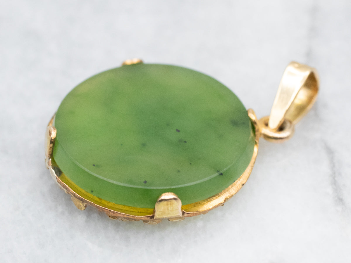 Alaskan Cabin Nephrite Jade and Gold Nugget Pendant
