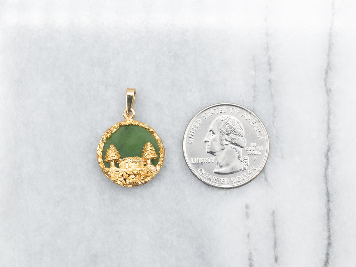 Alaskan Cabin Nephrite Jade and Gold Nugget Pendant