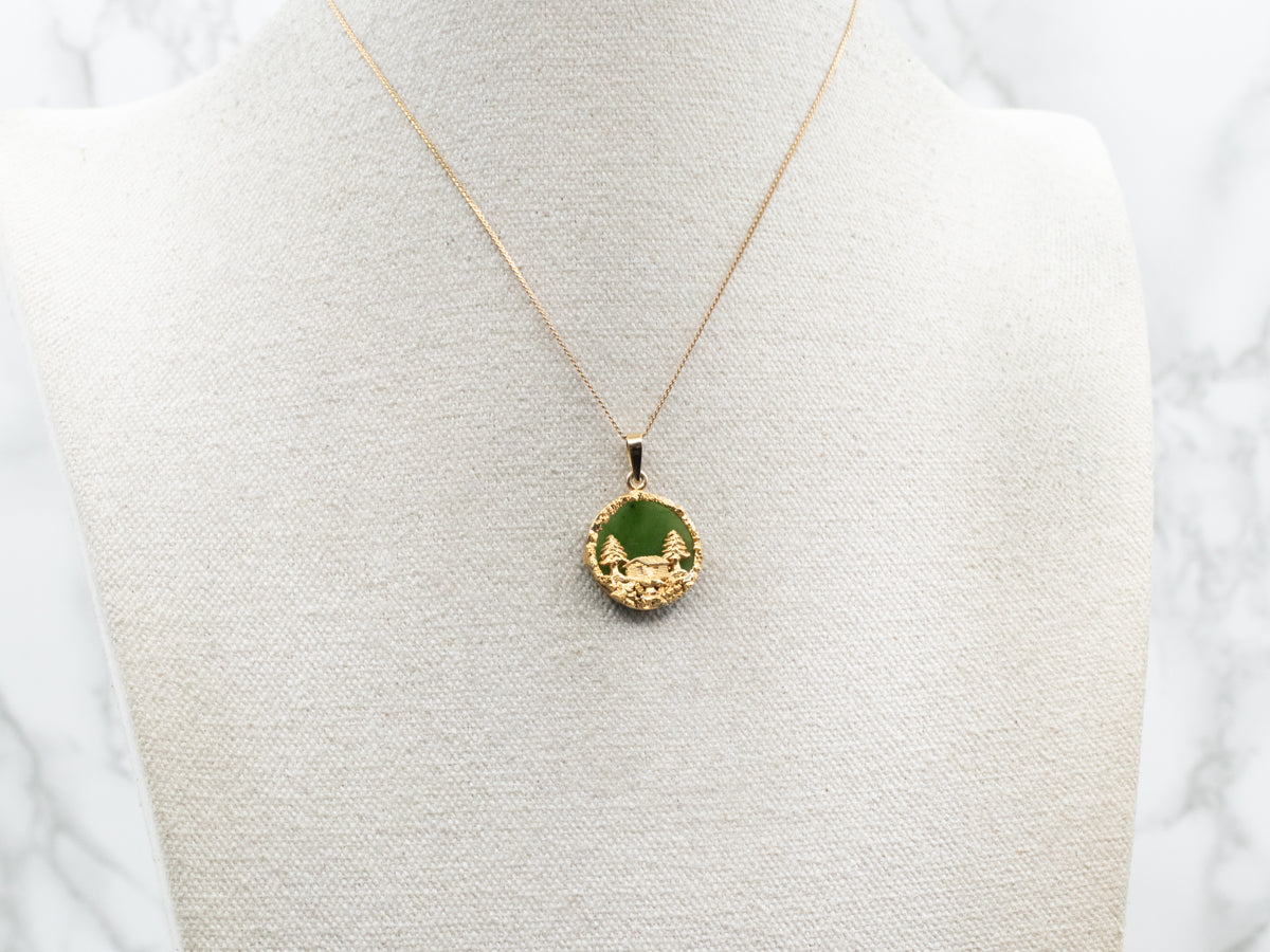 Alaskan Cabin Nephrite Jade and Gold Nugget Pendant