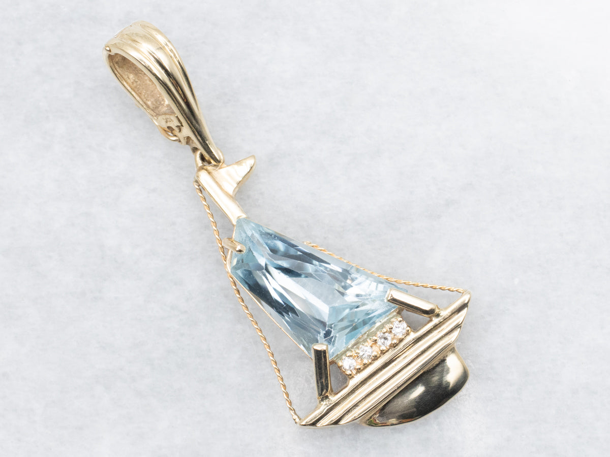 Modern Gold Blue Topaz Sailboat Pendant