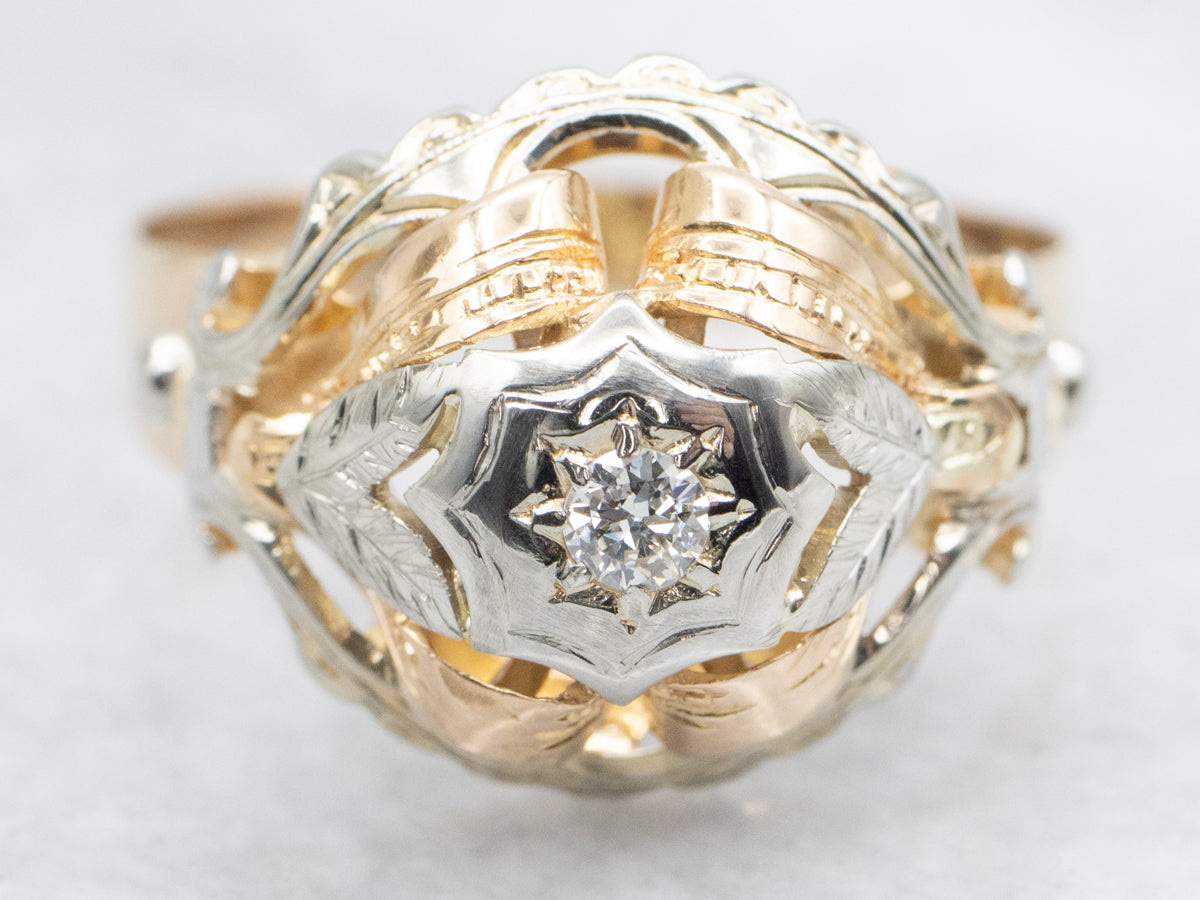 Vintage Botanical Etched Diamond Statement Ring