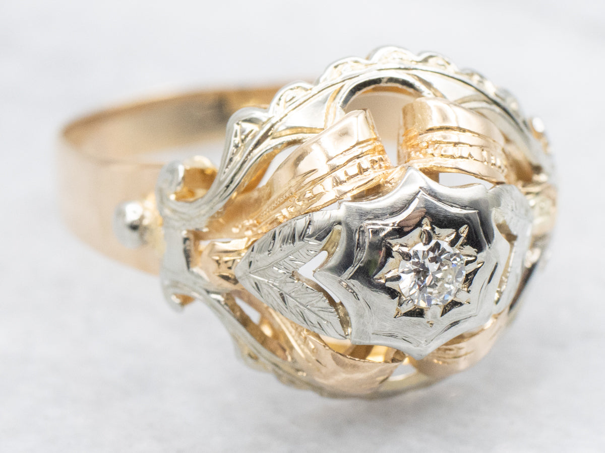 Vintage Botanical Etched Diamond Statement Ring