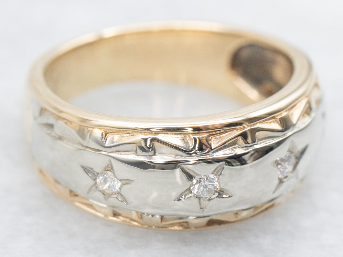Wide Gold Vintage Diamond Starburst Band