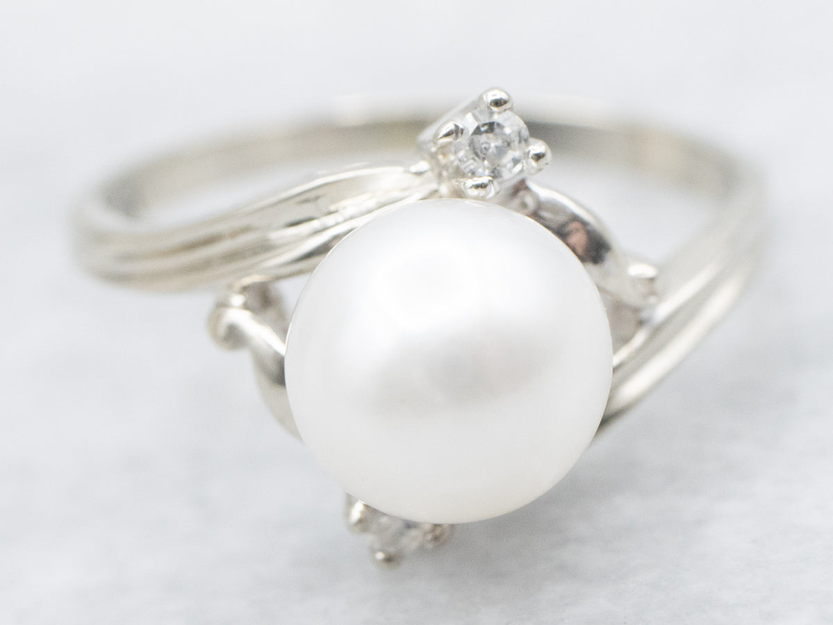 White Gold Pearl and Diamond Bypass Ring