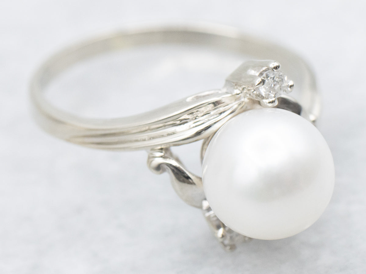 White Gold Pearl and Diamond Bypass Ring