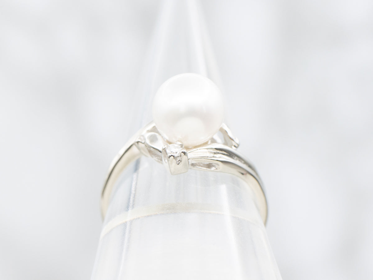 White Gold Pearl and Diamond Bypass Ring