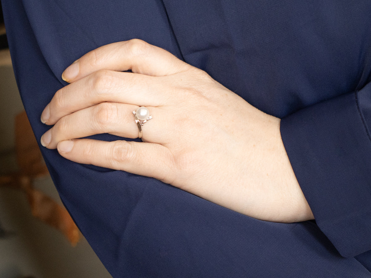 White Gold Pearl and Diamond Bypass Ring