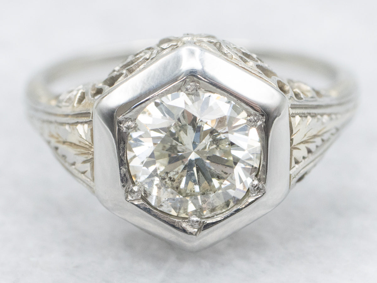 Antique Filigree Diamond Engagement Ring in Hexagonal Setting