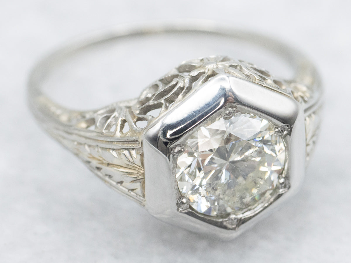 Antique Filigree Diamond Engagement Ring in Hexagonal Setting