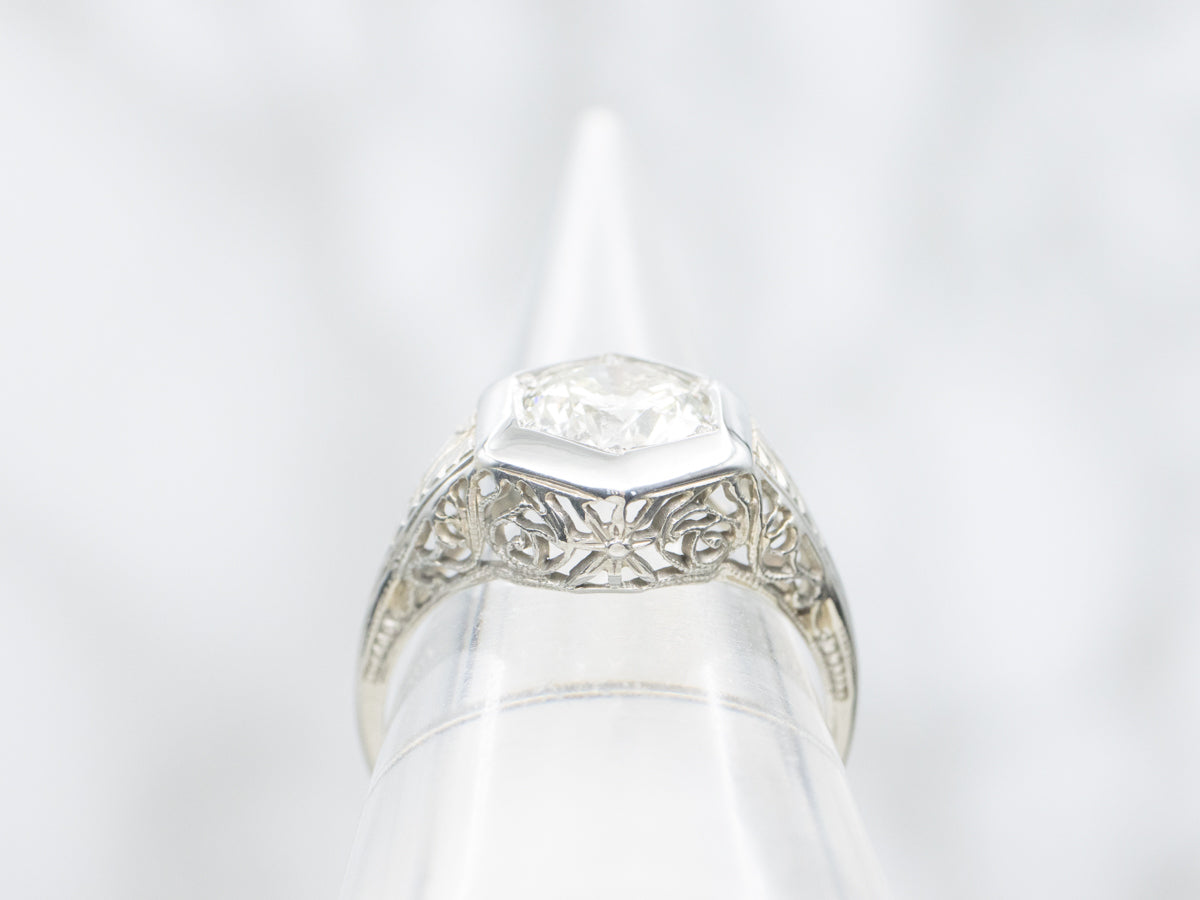 Antique Filigree Diamond Engagement Ring in Hexagonal Setting