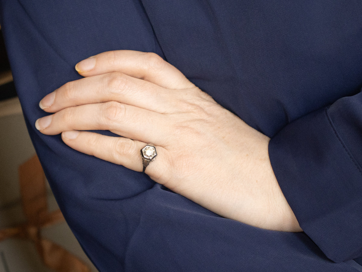 Antique Filigree Diamond Engagement Ring in Hexagonal Setting