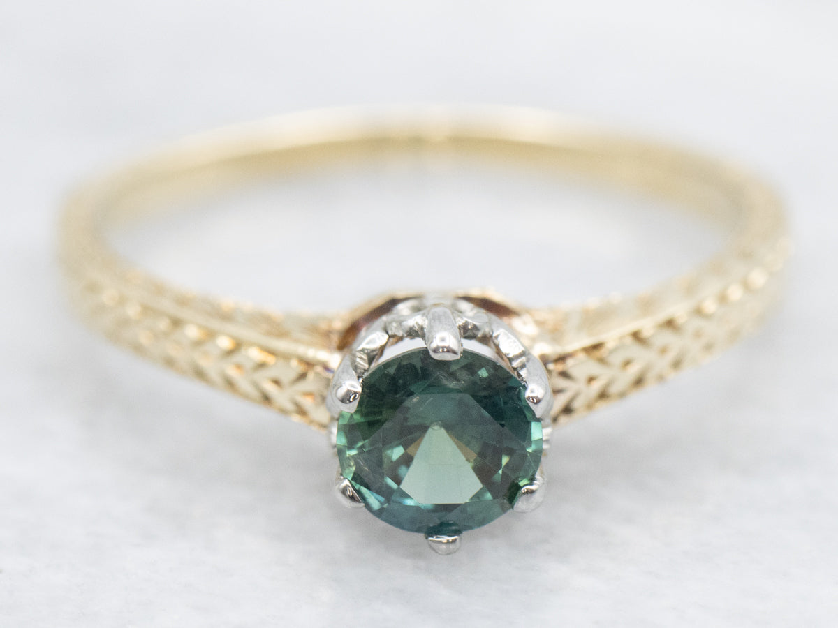 Antique Gold Green Sapphire Solitaire Engagement Ring