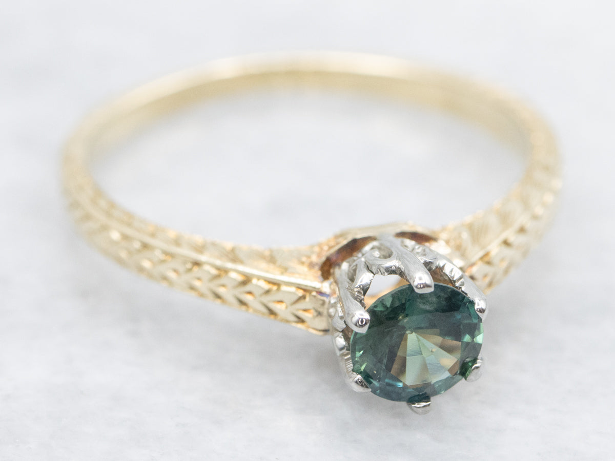 Antique Gold Green Sapphire Solitaire Engagement Ring