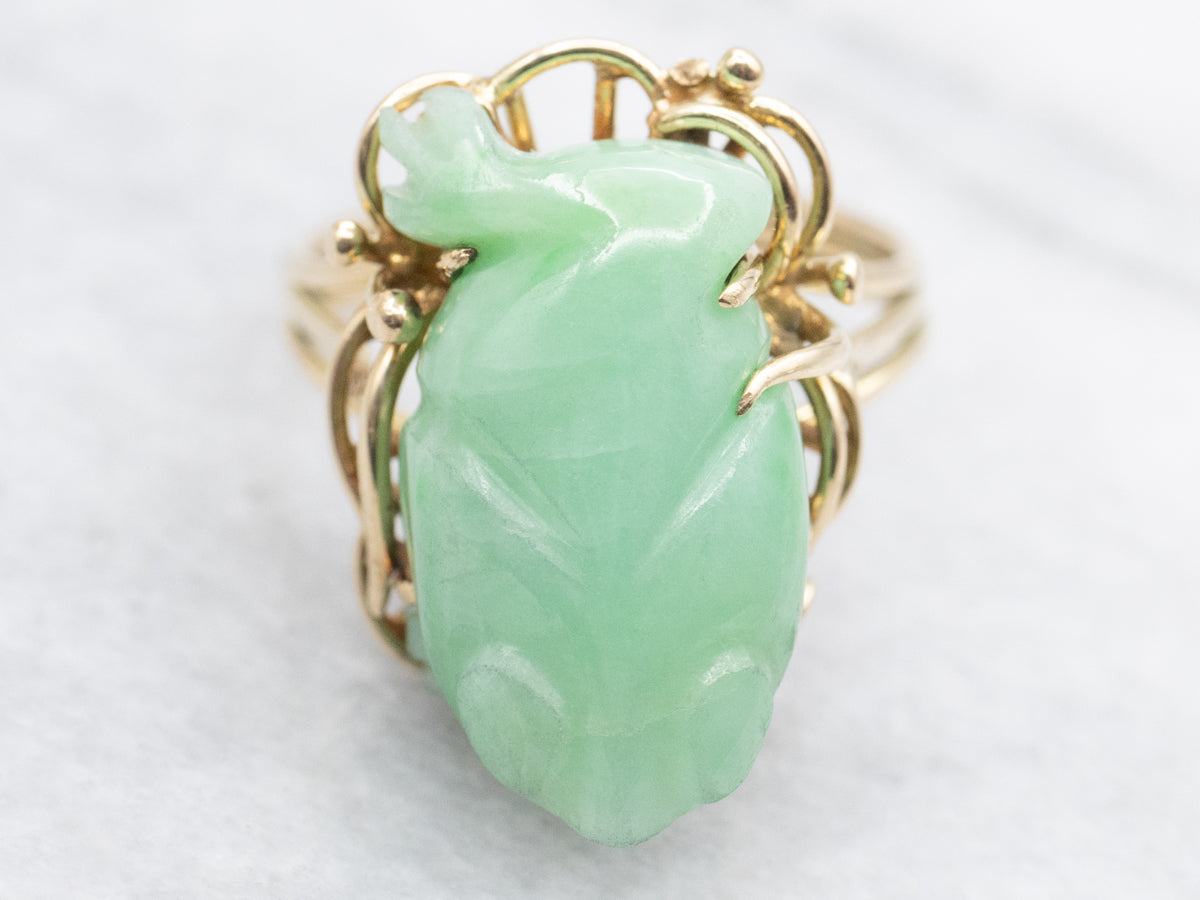 Carved Jadeite Jin Chan Frog Gold Ring