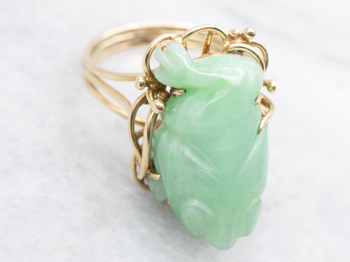 Carved Jadeite Jin Chan Frog Gold Ring