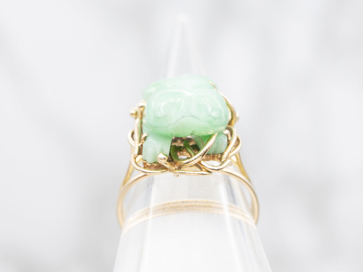 Carved Jadeite Jin Chan Frog Gold Ring