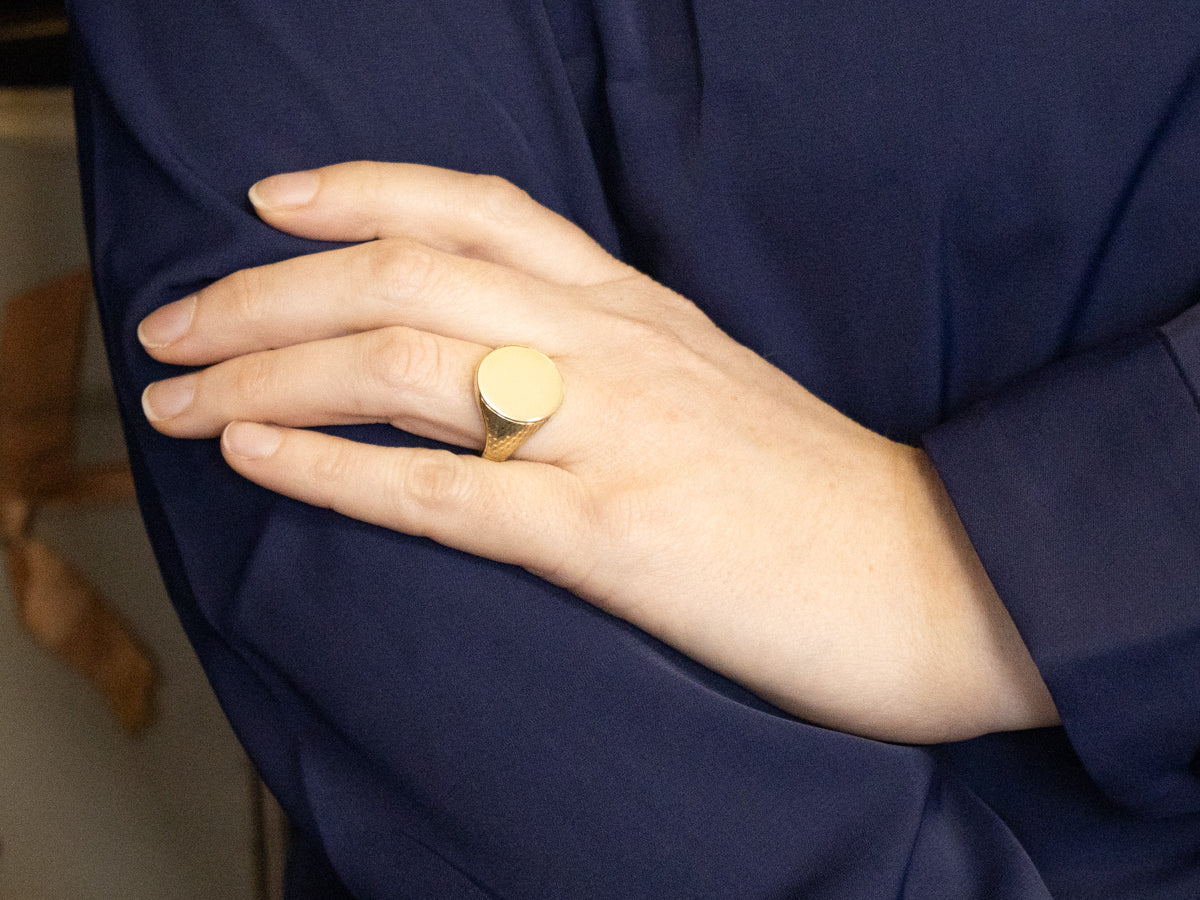 Heavy Textured Green Gold Vintage Signet Ring