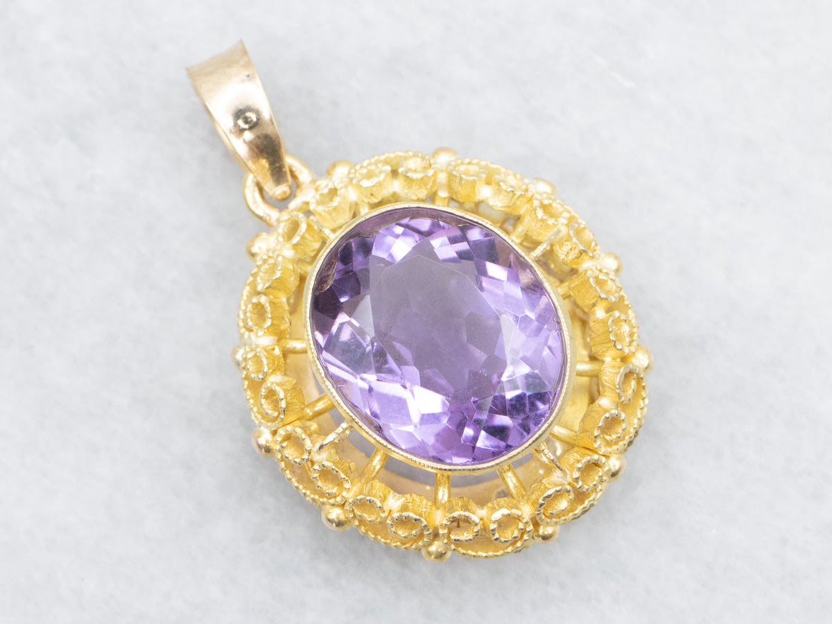 18-Karat Gold Filigree Amethyst Pendant