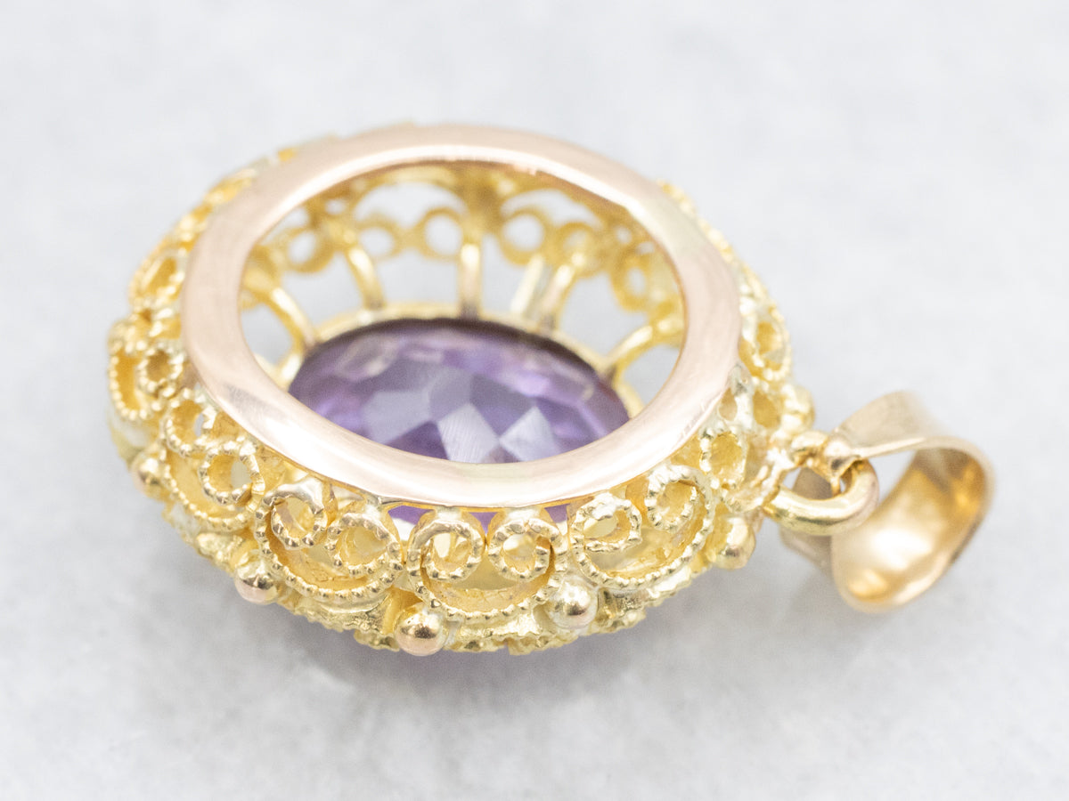 18-Karat Gold Filigree Amethyst Pendant