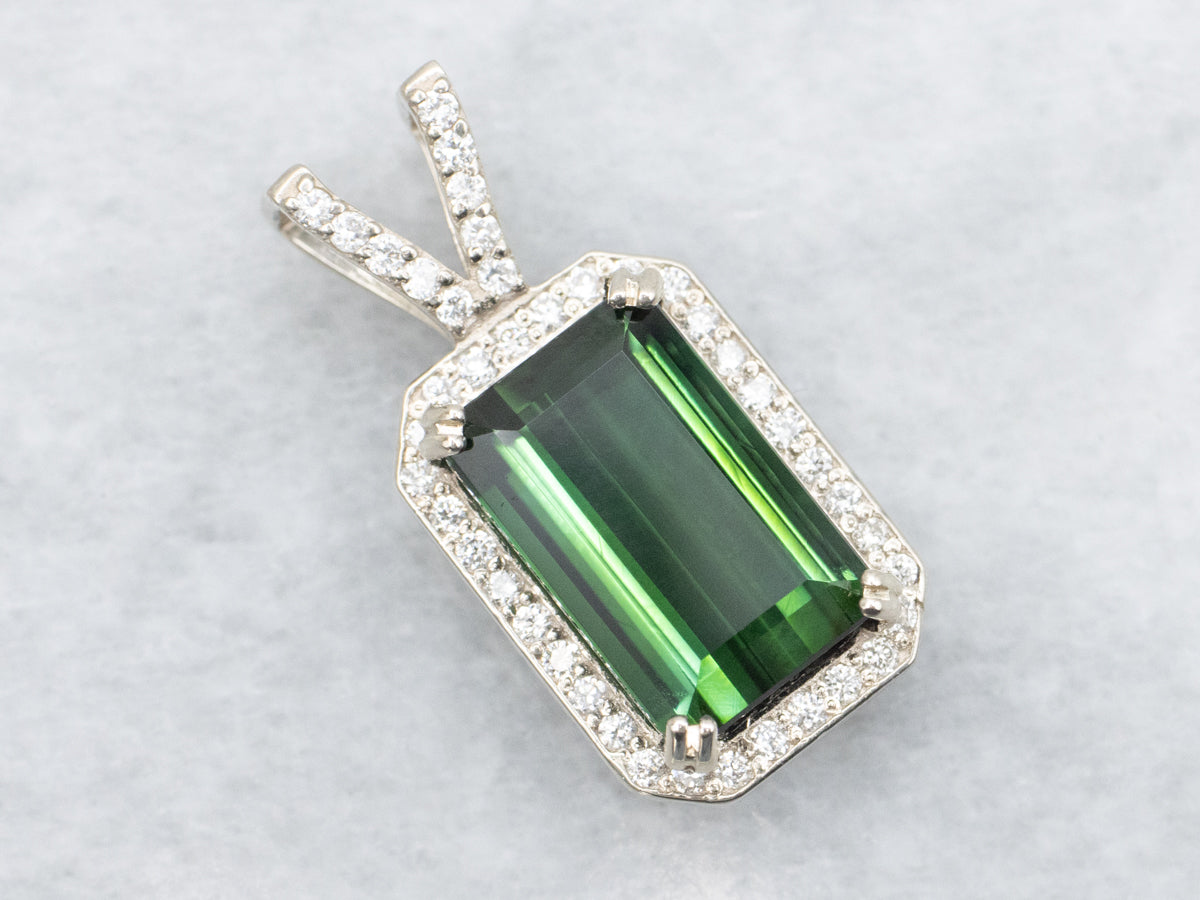 Bright Green Tourmaline and Diamond Halo Pendant