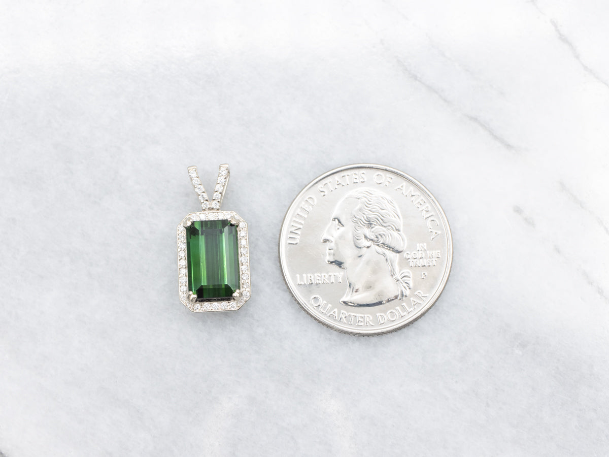 Bright Green Tourmaline and Diamond Halo Pendant