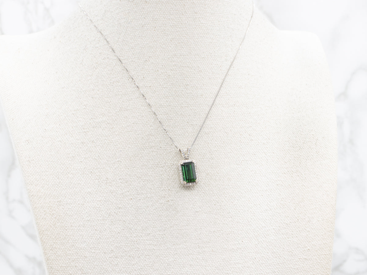 Bright Green Tourmaline and Diamond Halo Pendant