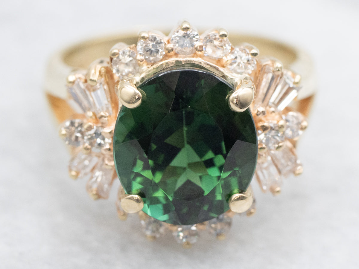 Green Tourmaline Multi-Cut Diamond Halo Ring