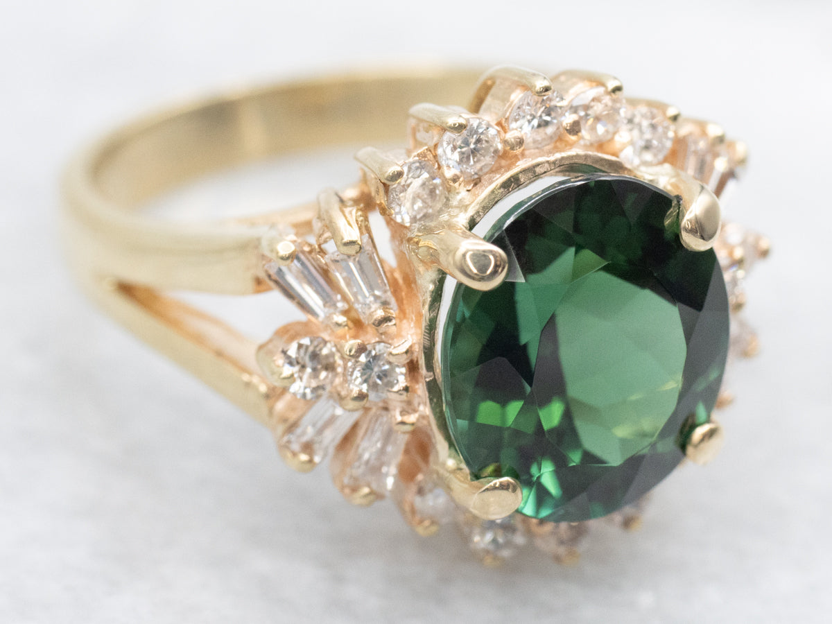 Green Tourmaline Multi-Cut Diamond Halo Ring